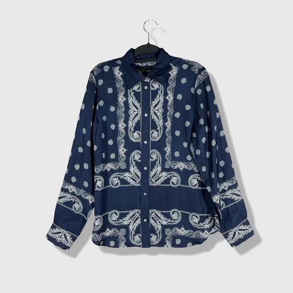 J. Crew Jules Classic Fit Button Down Women 6 Navy Blue Paisley Boho Western